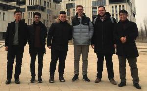 Four Wintec business students Hanjun Nakauchi (second from left), Chanatip Chatchawalit, Jack Hawker and Andy Murray with their Chinese supervisors during their internship for a major commerce website firm.