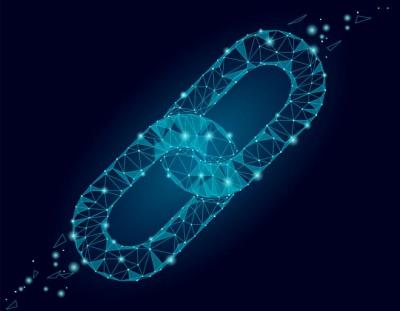 Blockchain link sign low poly design. Internet technology chain icon triangle polygonal hyperlink security business network concept. Blue futuristic style wire connected point vector illustration art