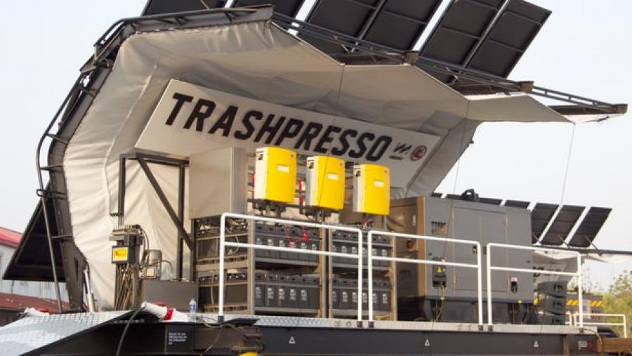 Portable &quot;Trashpresso&quot; up-cycling plant transforms trash into tiles