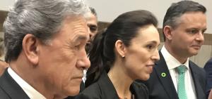   Winston Peters, Jacinda Ardern and James Shaw front the media at the launch of the Government&#039;s 30-year plan.