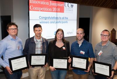 The University of Canterbury’s 2018 Innovation Jumpstart winners (from left to right) are: Dr Aaron Marshall, Associate Professor Mathieu Sellier, Dr Jennifer Crowther, Dr Matthew Cowan, and Associate Professor Renwick Dobson. (Photo credit: University of Canterbury)