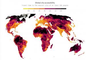 Map showing travel time to nearest city with at least 50 K residents