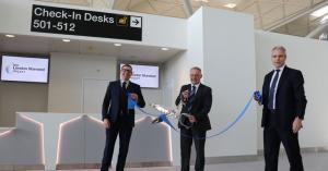 Cutting the ribbon at the opening of the new check-in area were: London Stansted’s Brad Miller, Chief Operating Officer; John Farrow, Customer Service &amp; Security Director; and Paul Willis, Transformation Director.