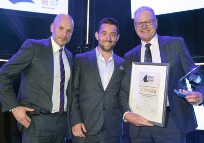 NZ Marine&#039;s Peter Busfield (right) receives the award in Amsterdam from Boat Builder Awards presenters Ed Slack and Nick Hopkinson. Read more at http://www.marinebusiness.com.au/news/nz-marine-training-gets-top-marks#shvdhFZOJphlWfCW.99