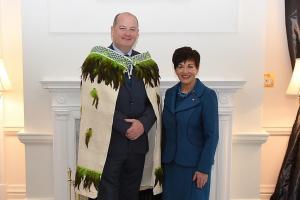  Ambassador Peter Ryan in a “Korowai” Maori cloak with New Zealand Governor General Patsy Reddy, who has Irish ancestral ties to County Laois.