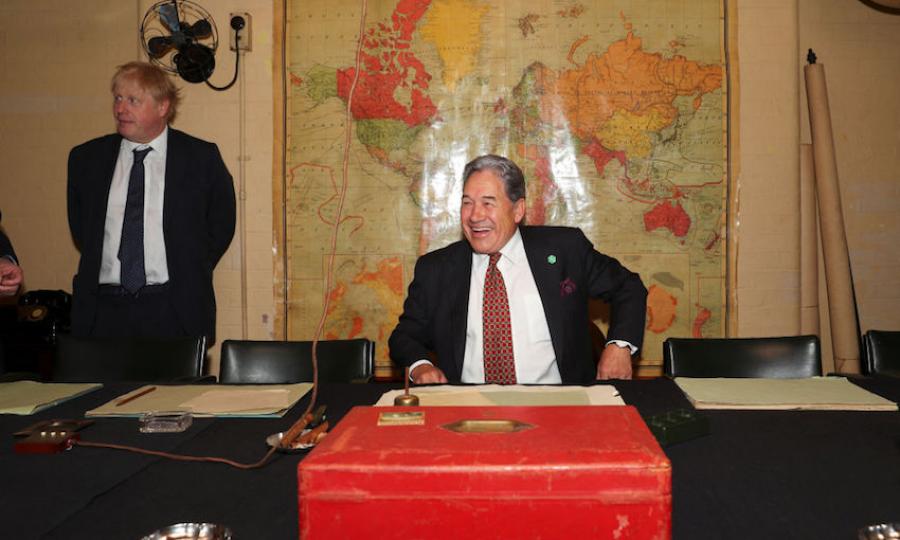 Britain&#039;s foreign secretary Boris Johnson meets with New Zealand&#039;s Foreign Minister Winston Peters in the Churchill Cabinet War Rooms on April 17, 2018 in London, England. 