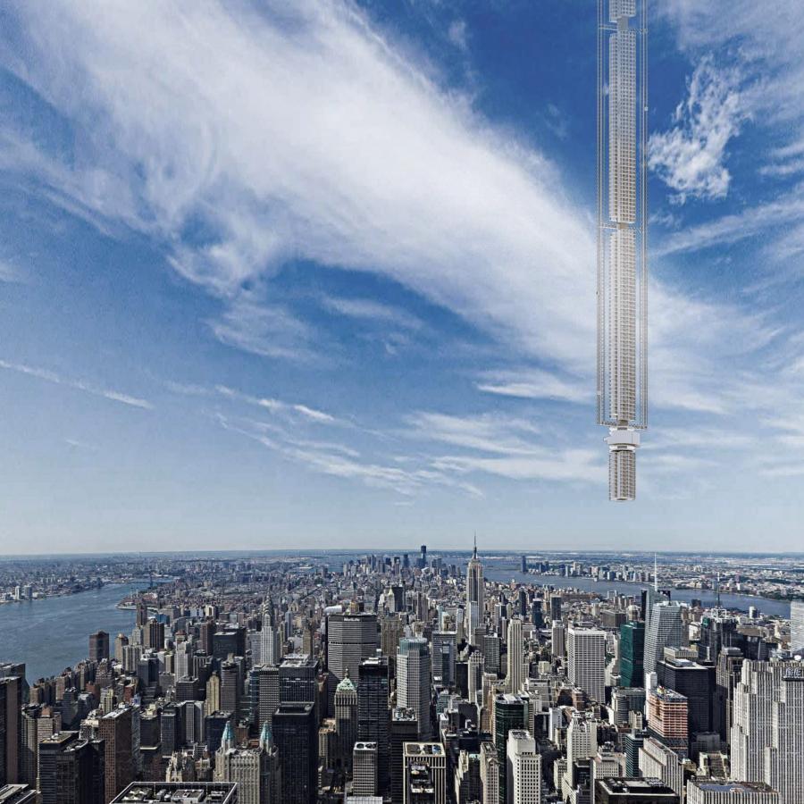 Supertall skyscraper hangs from orbiting asteroid in Clouds Architecture Office concept