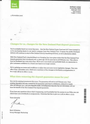 Kiwibank Deposit Guarantee Scheme Abandoned-- Portrayed as Big Customer Benefit