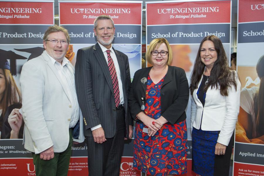 From left to right are: Head of the School of Product Design, Professor Conan Fee, University of Canterbury Vice-Chancellor Dr Rodd Carr, Minister of Research, Science and Innovation Dr Megan Woods, and Pro-Vice Chancellor of the College of Engineering Professor Jan Evans-Freeman at the official opening of the University’s new School of Product Design.