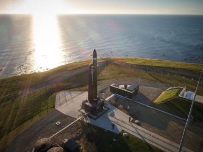 Rocket Lab’s second Electron rocket stands vertical at the company’s New Zealand launch site during pre-flight testing. 