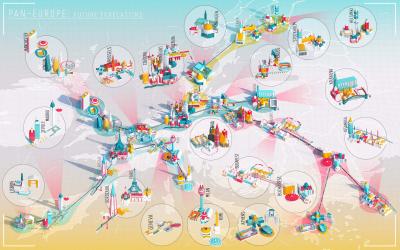 A high speed travel network concept connecting London to Krakow in just one hour and ten minutes, and passing through Brussels, Cologne, Frankfurt and Prague,